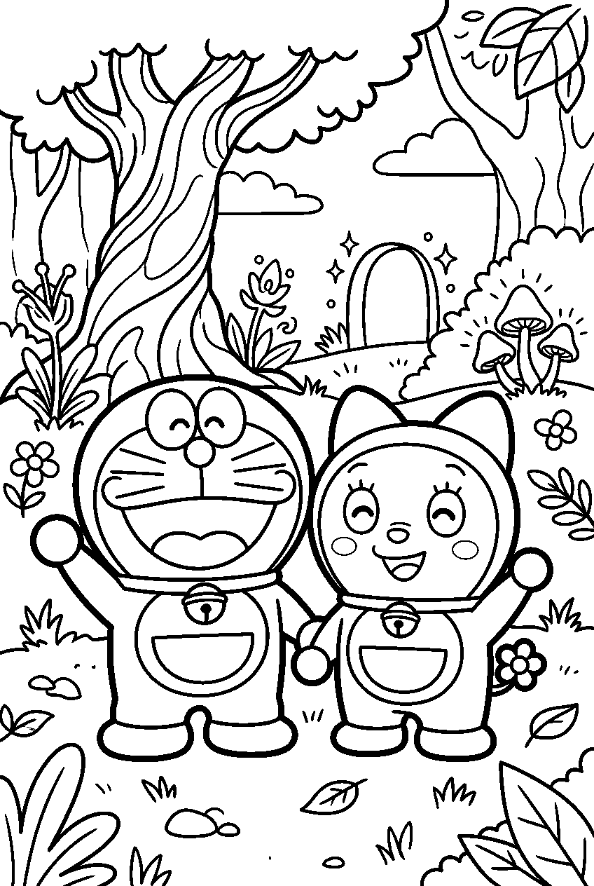 doraemon dorami posing in magical forest line art