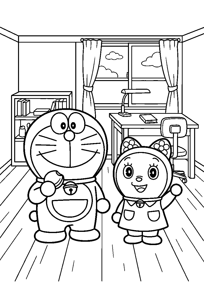 doraemon dorami posing in nobita s bedroom line art