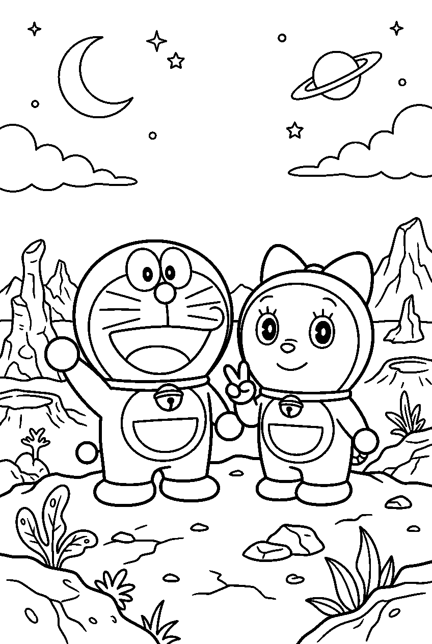 doraemon dorami posing on alien planet line art