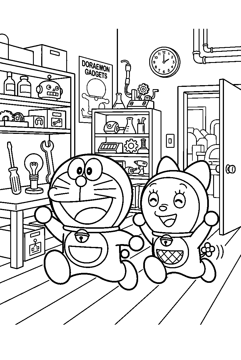 doraemon dorami running in gadget workshop line art