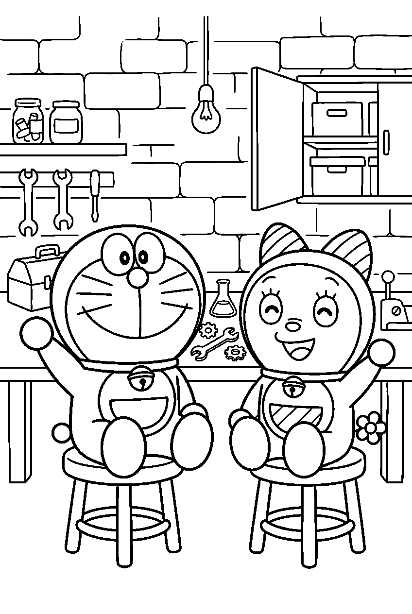 doraemon dorami sitting in gadget workshop line art
