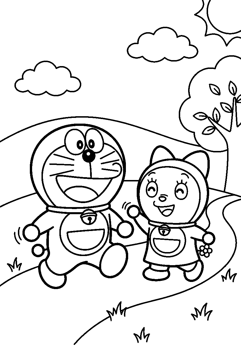 doraemon dorami walking on back hill line art