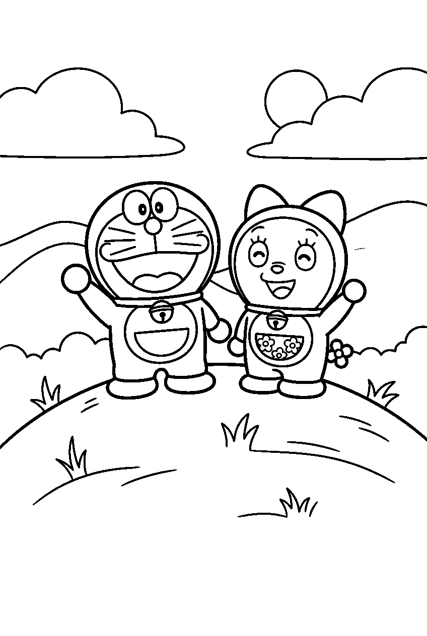 doraemon dorami waving on back hill line art