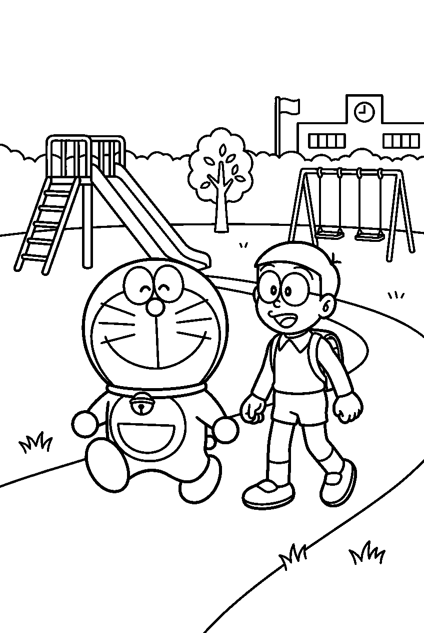 doraemon nobita exploring in school playground line art