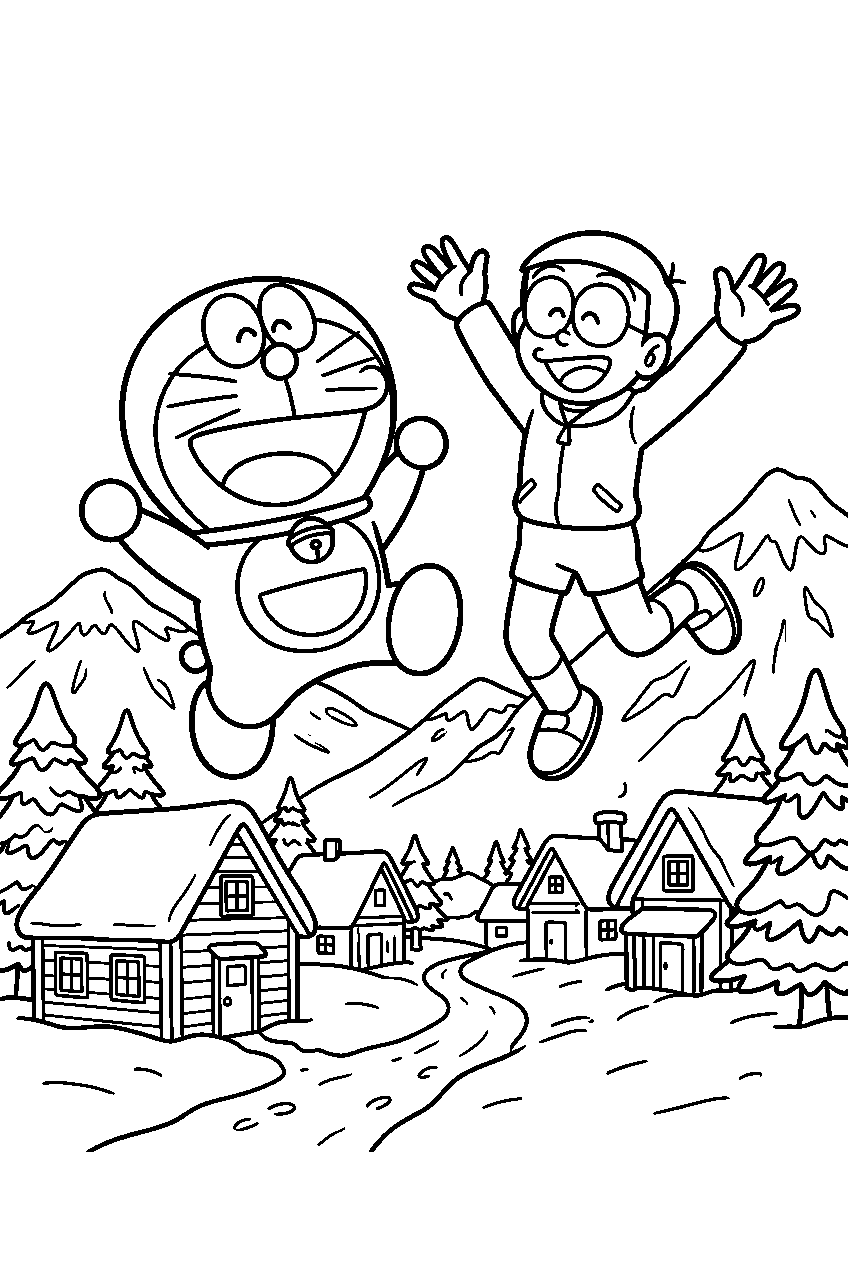 doraemon nobita jumping in snowy mountain village line art