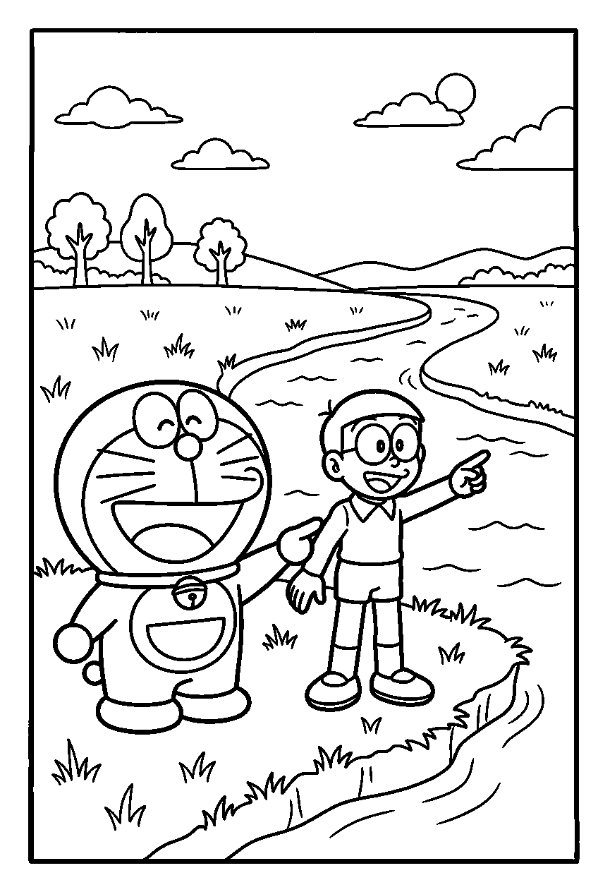 doraemon nobita pointing on riverbank line art