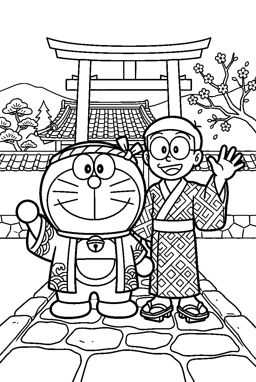 doraemon nobita posing in ancient japan line art