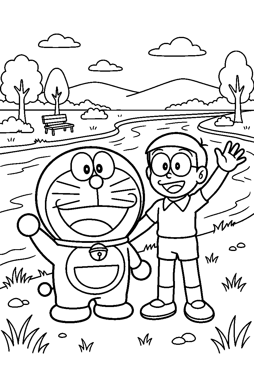 doraemon nobita posing in riverside park line art