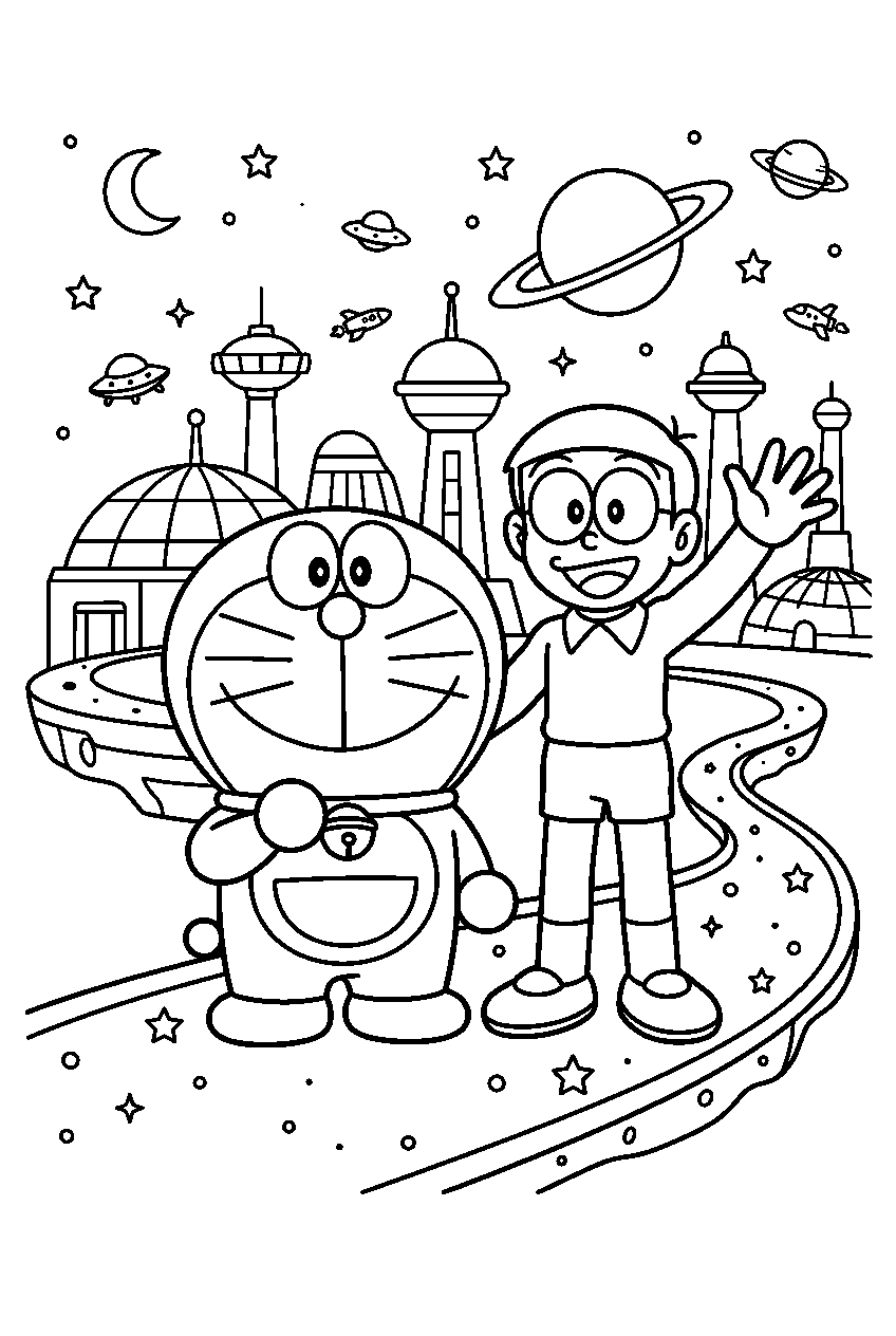 doraemon nobita posing in space city line art