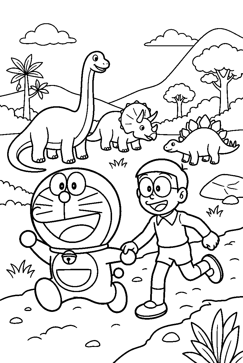 doraemon nobita running in dinosaur world line art