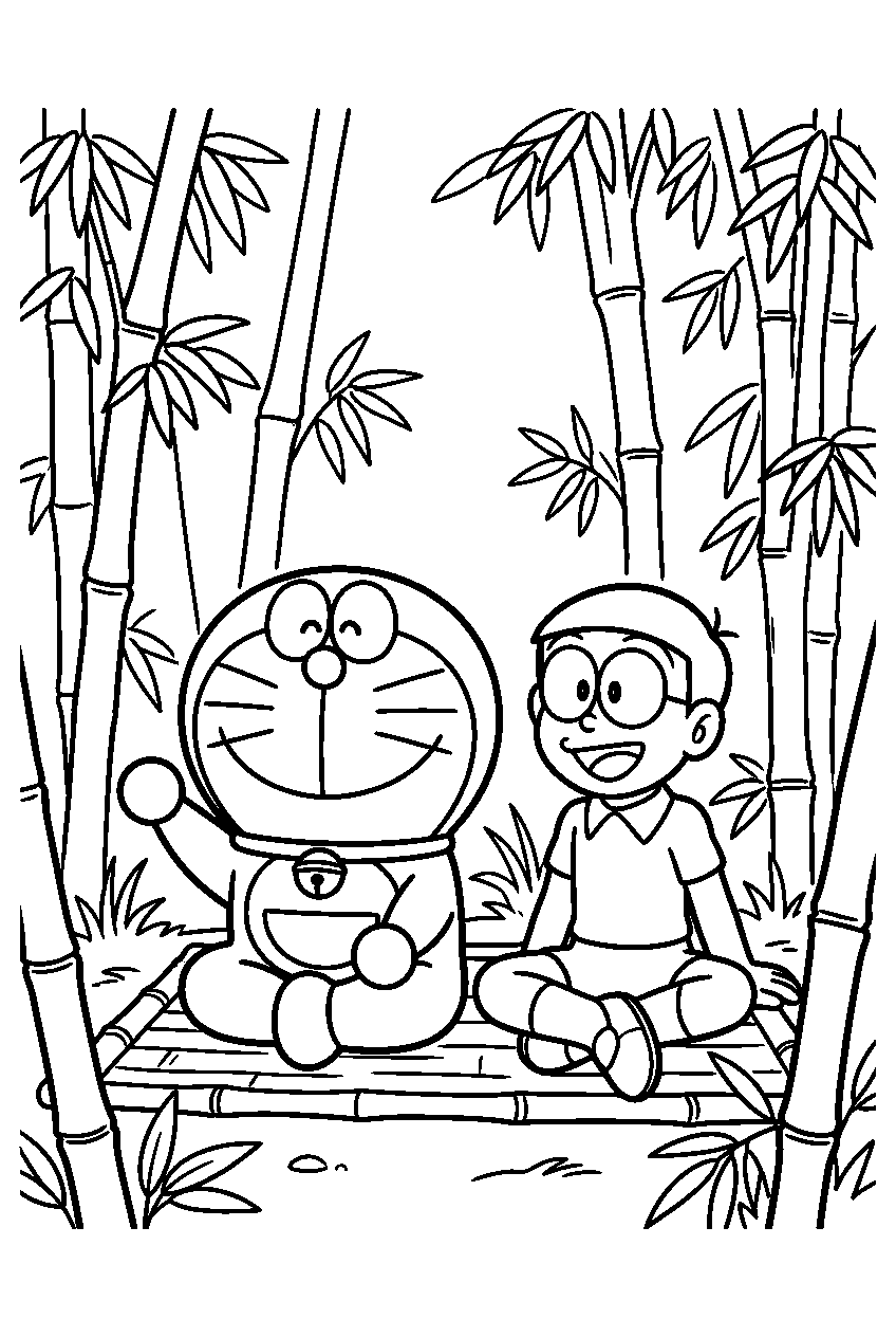 doraemon nobita sitting in bamboo grove line art