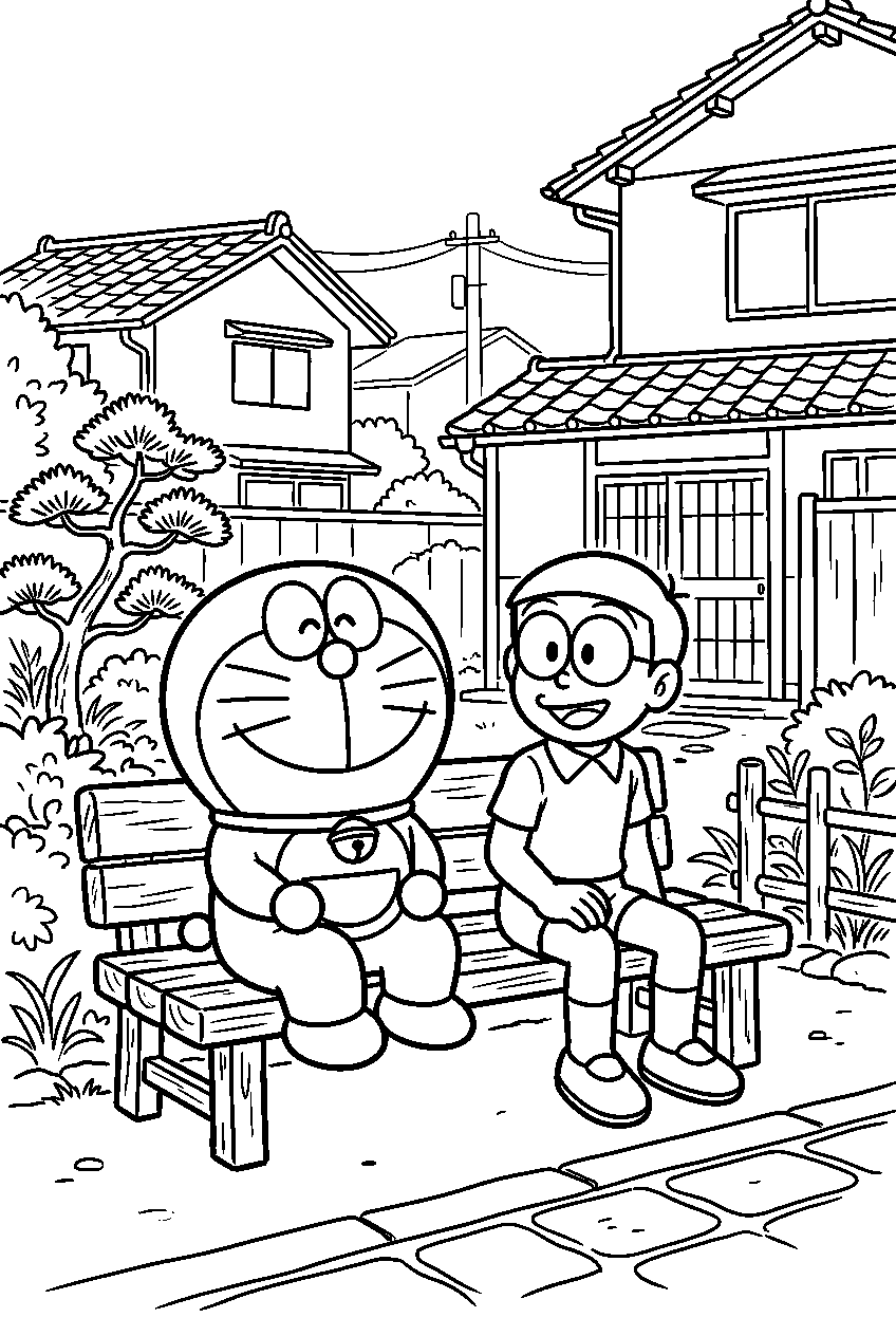 doraemon nobita sitting in japanese neighborhood line art