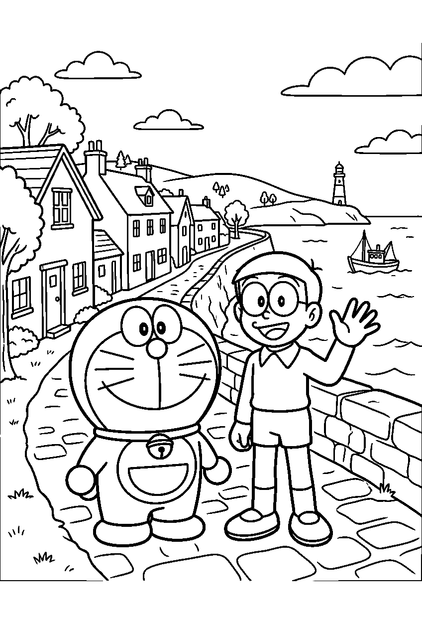 doraemon nobita standing in seaside village line art
