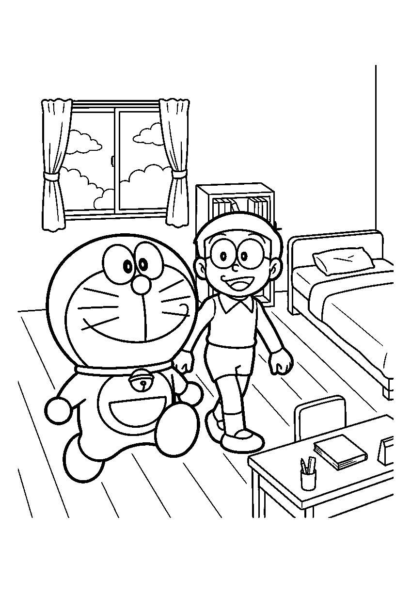 doraemon nobita walking in nobita s bedroom line art