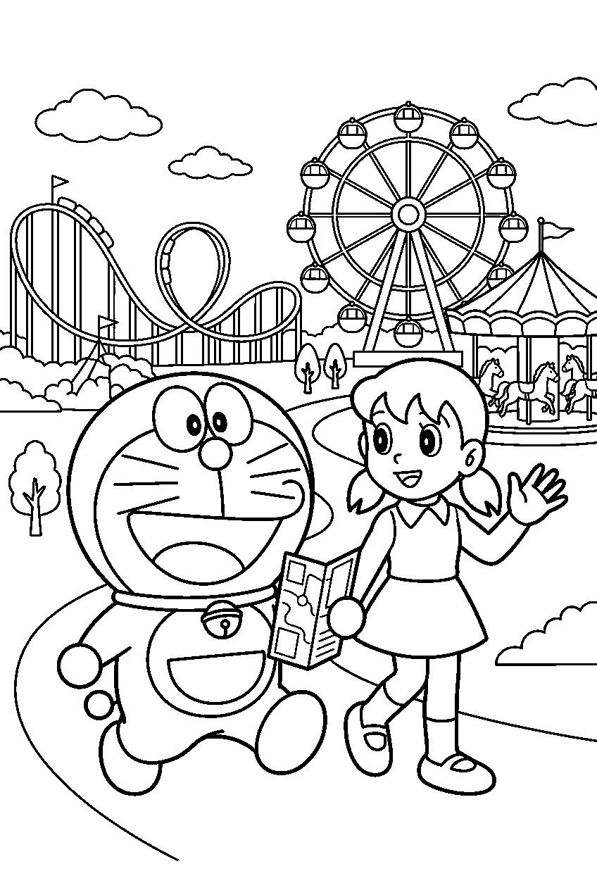 doraemon shizuka exploring in amusement park line art