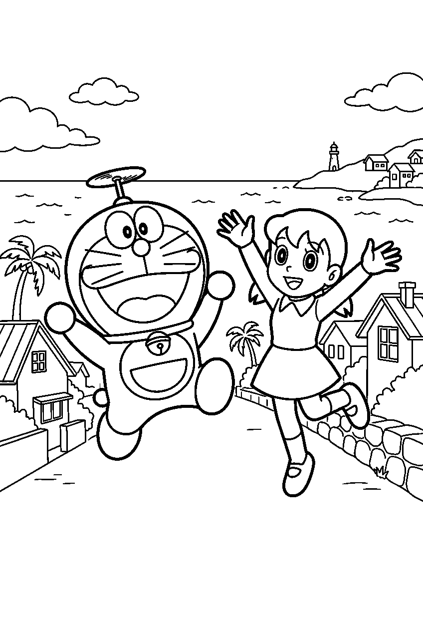 doraemon shizuka jumping in seaside village line art