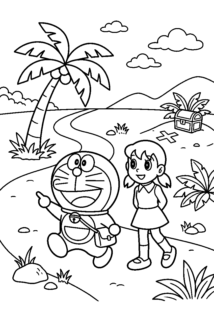 doraemon shizuka looking around in treasure island line art