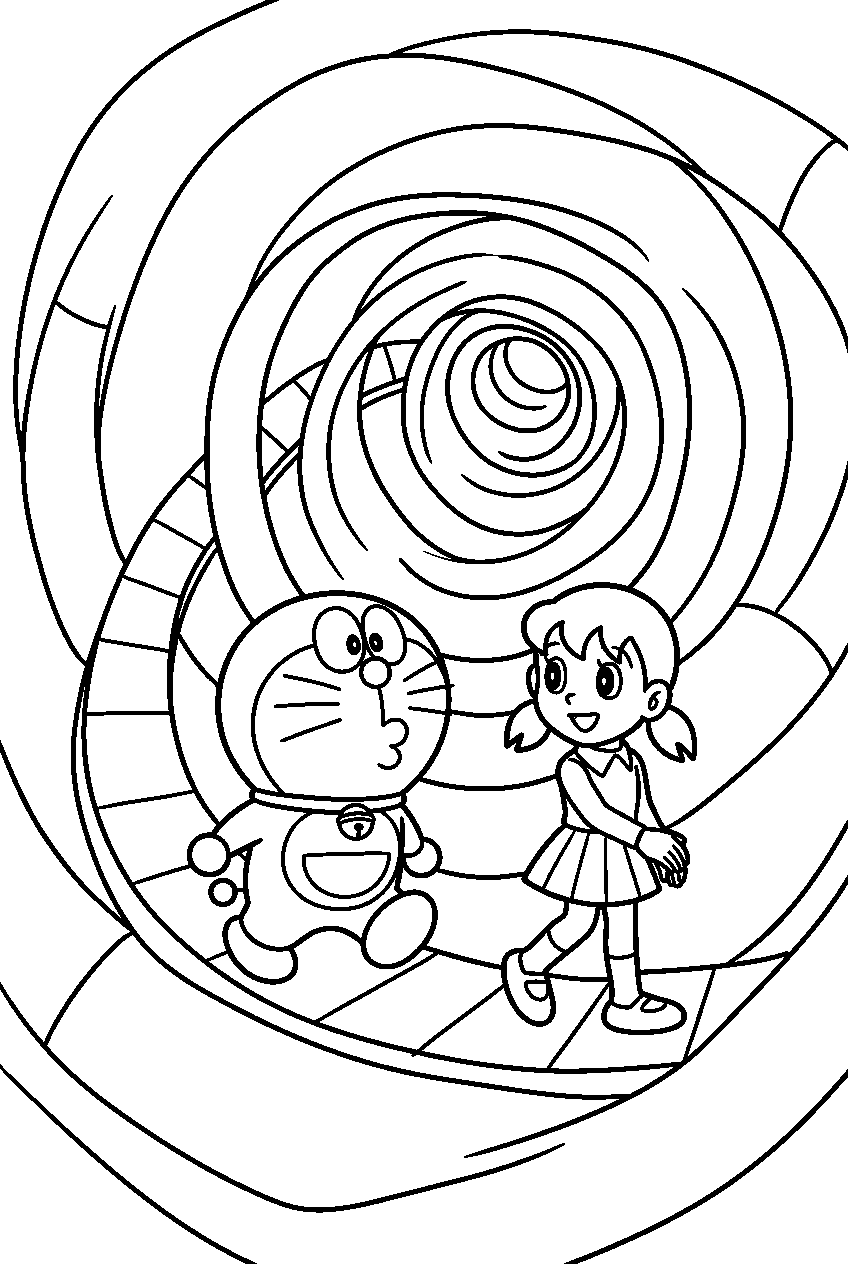 doraemon shizuka looking around inside time tunnel line art