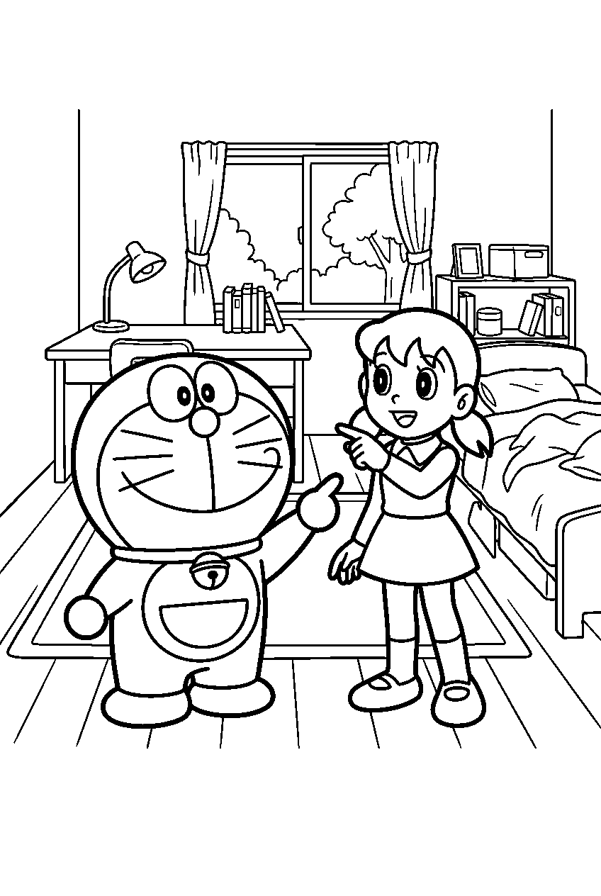doraemon shizuka pointing in nobita s bedroom line art