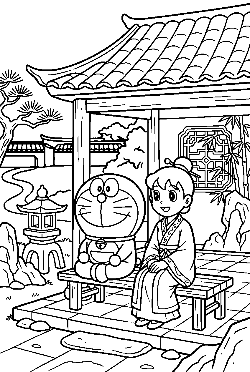 doraemon shizuka sitting in ancient china line art
