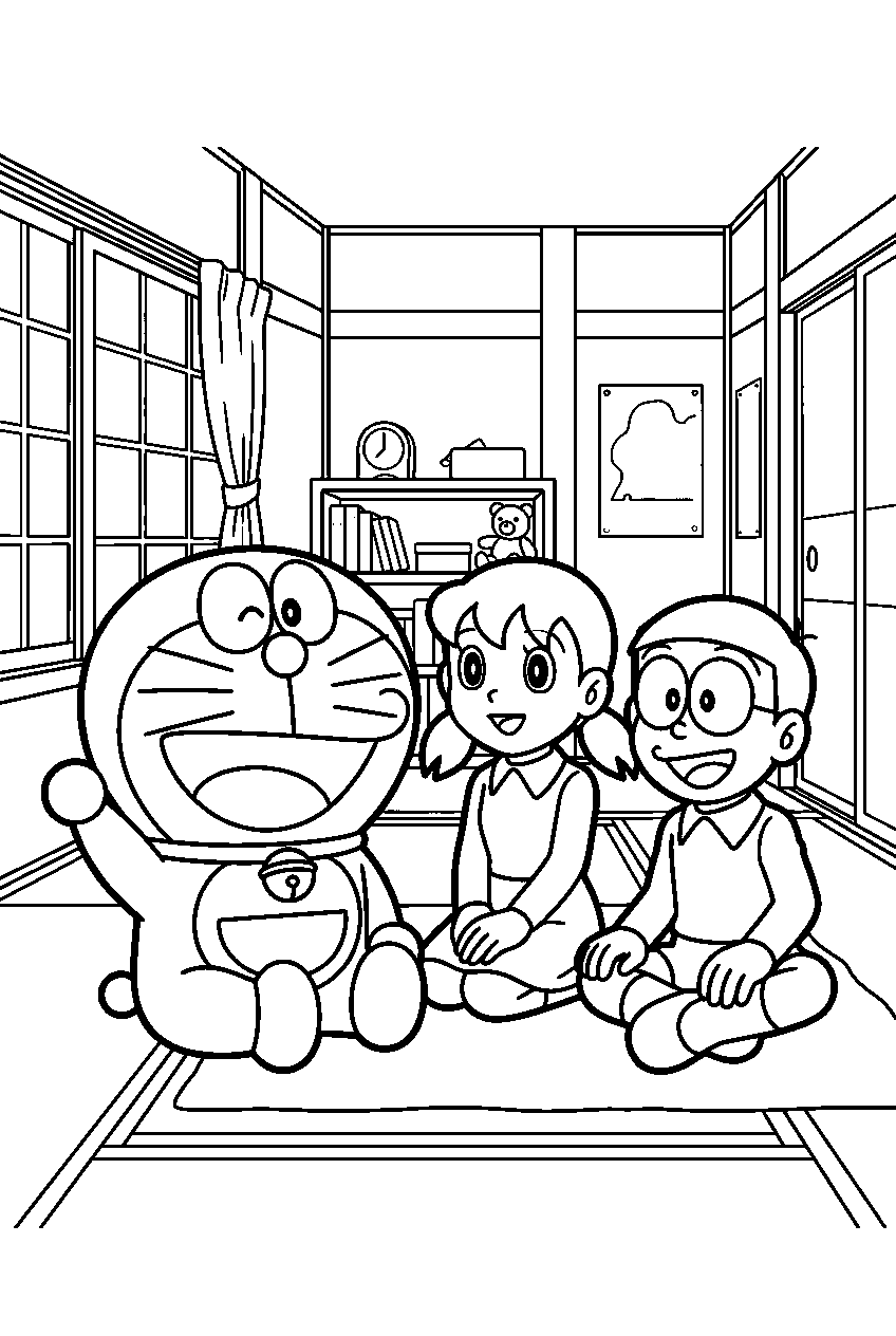 doraemon shizuka sitting in nobita s bedroom line art