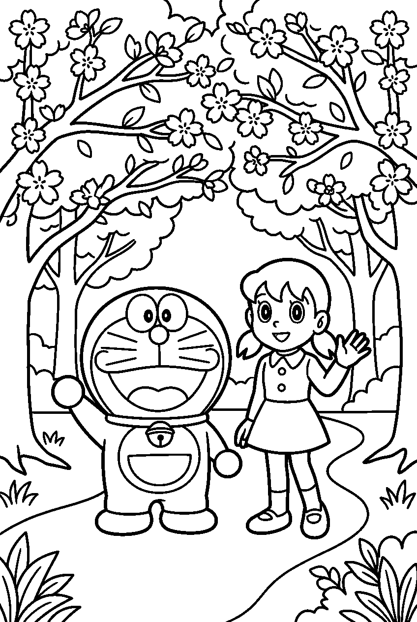 doraemon shizuka standing in cherry blossom park line art