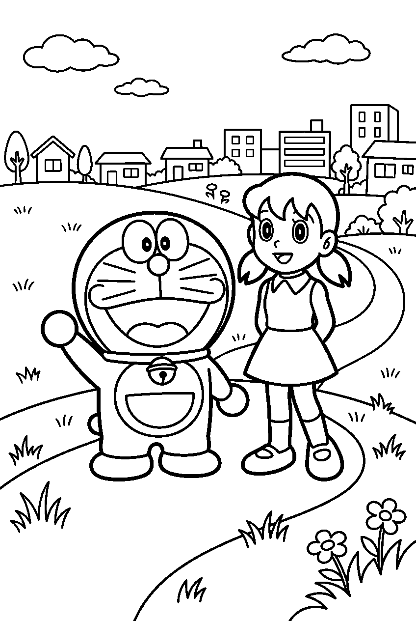 doraemon shizuka standing on back hill line art