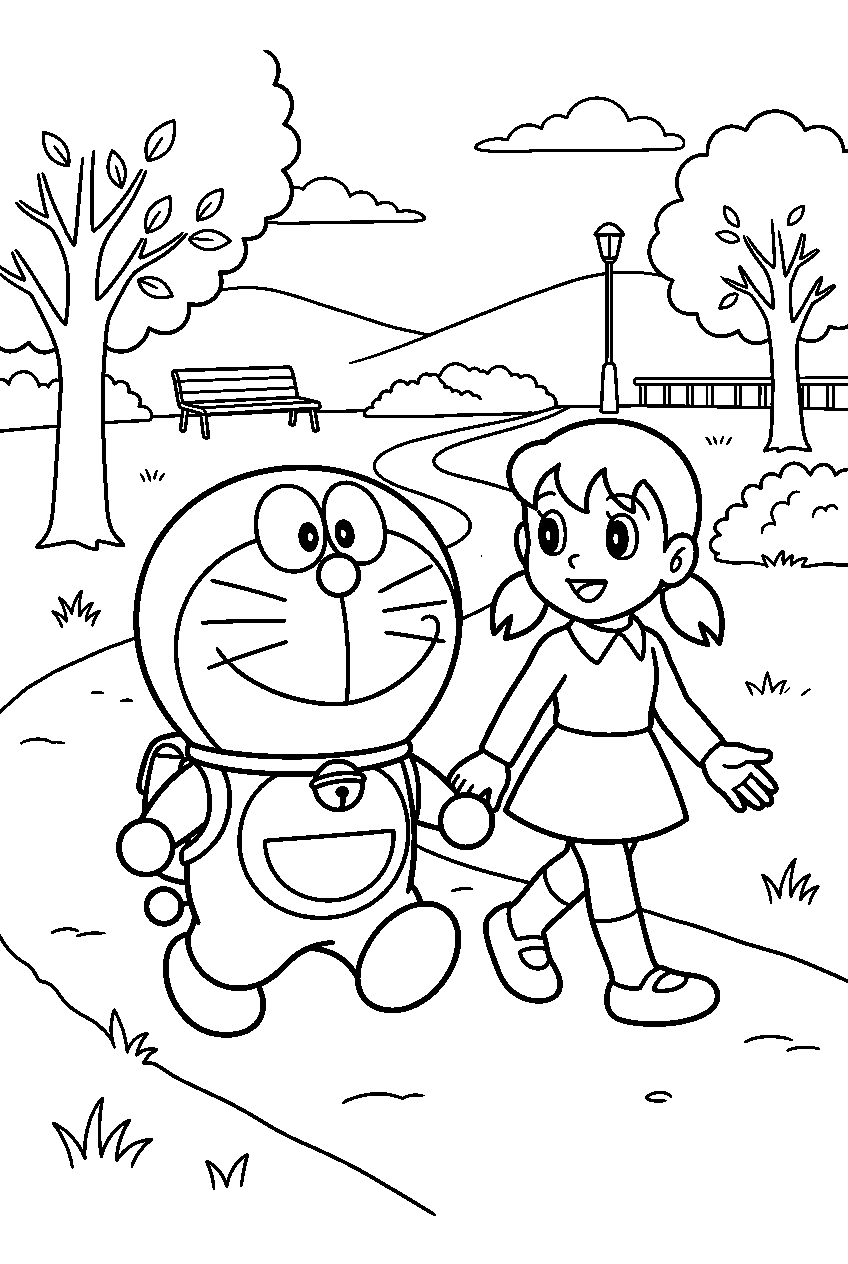 doraemon shizuka walking in city park line art