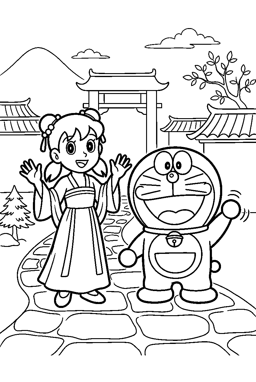 doraemon shizuka waving in ancient china line art