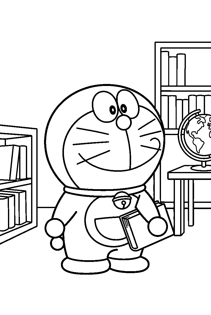 doraemon exploring in school library line art
