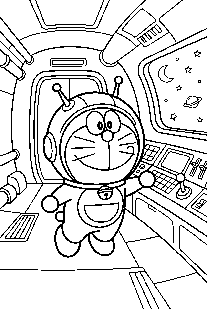 doraemon exploring in space station line art