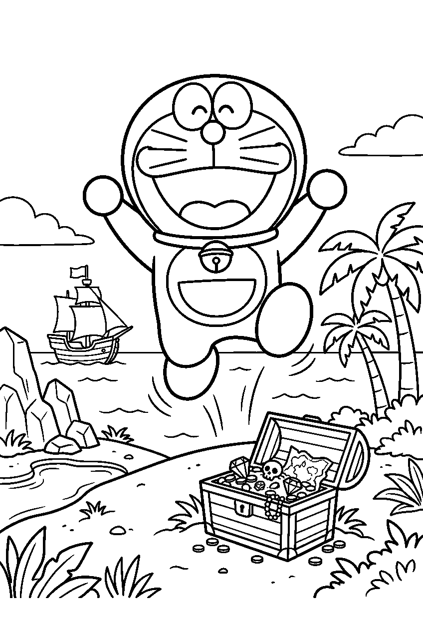 doraemon jumping in treasure island line art