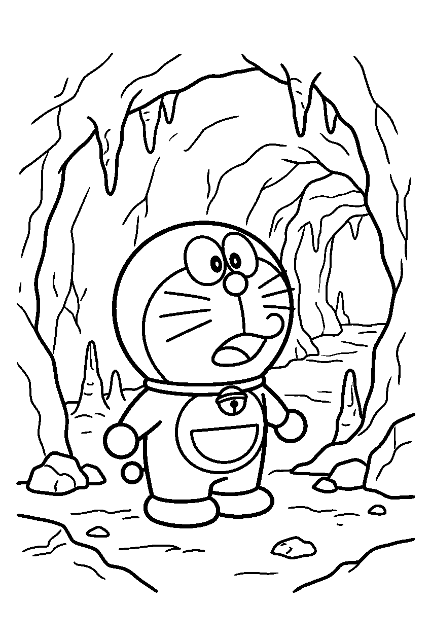 doraemon looking around in hidden cave line art