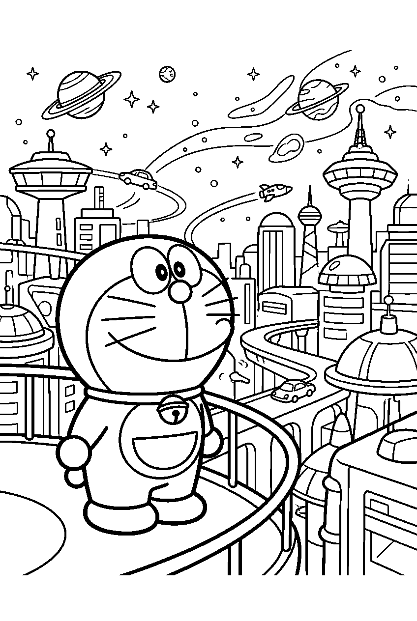 doraemon looking around in space city line art