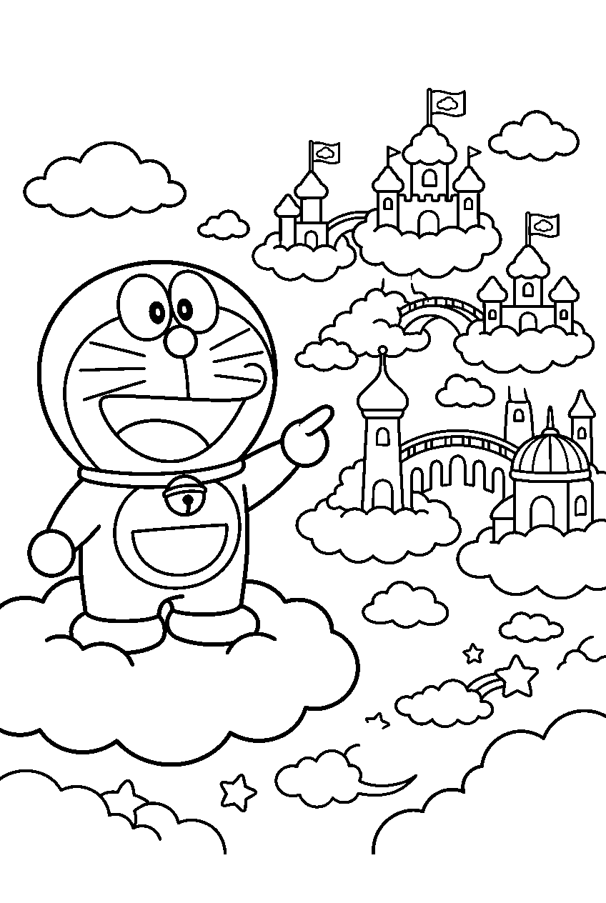 doraemon pointing in cloud kingdom line art