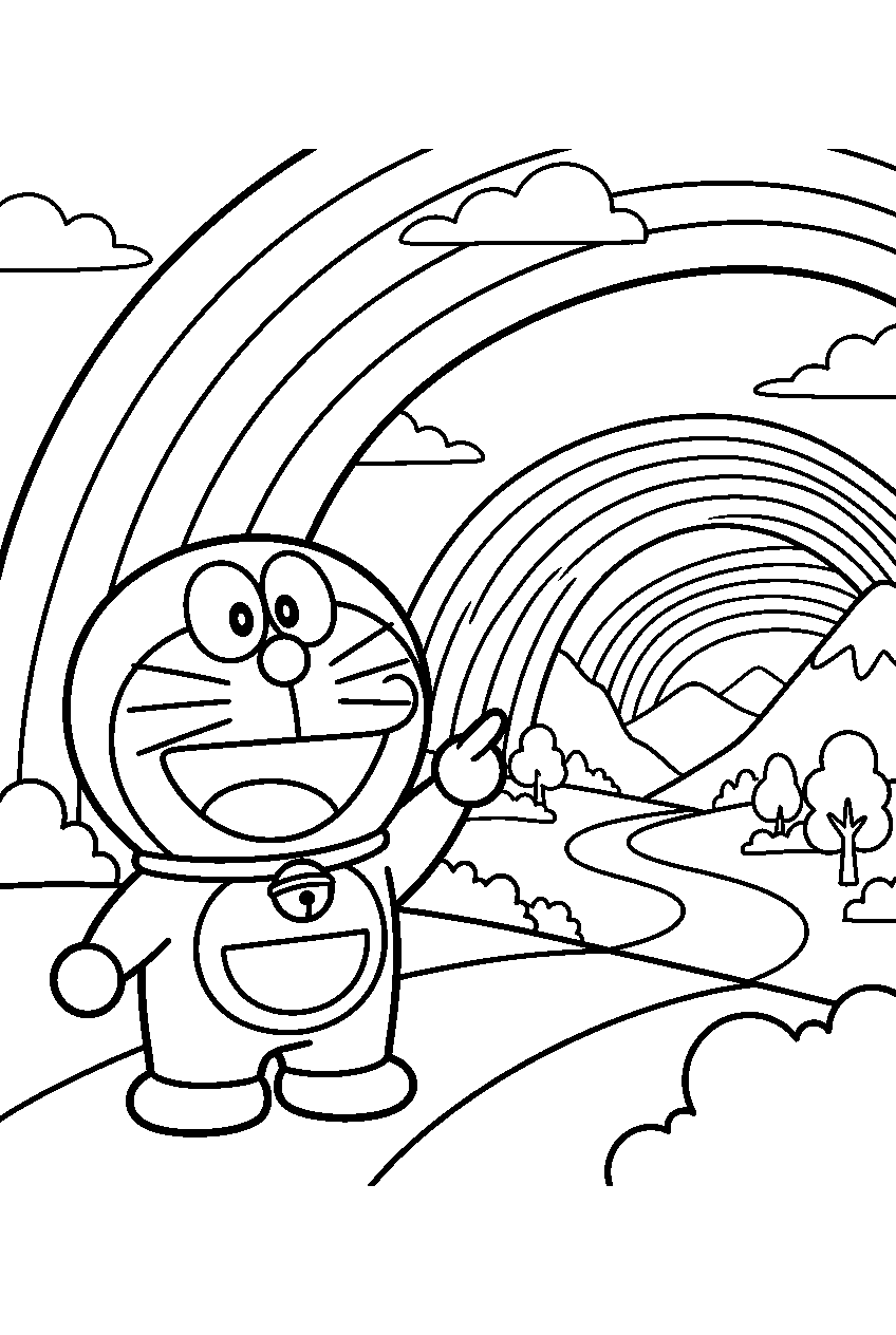 doraemon pointing in rainbow valley line art