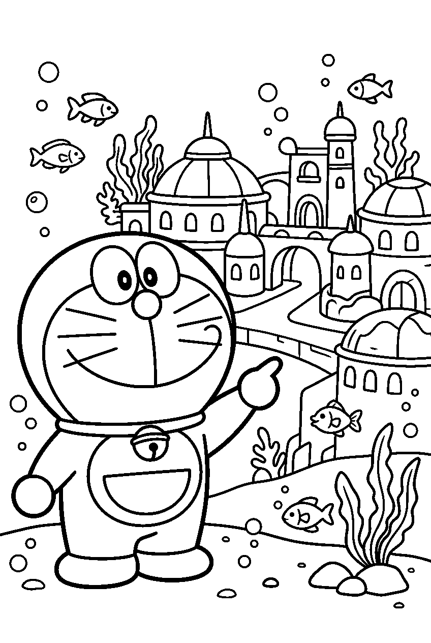 doraemon pointing in underwater city line art