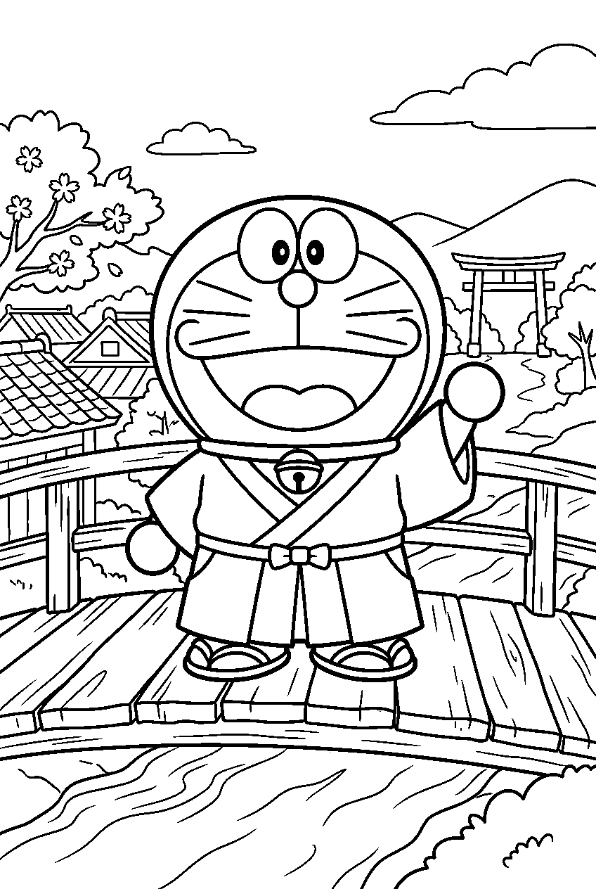 doraemon posing in ancient japan line art