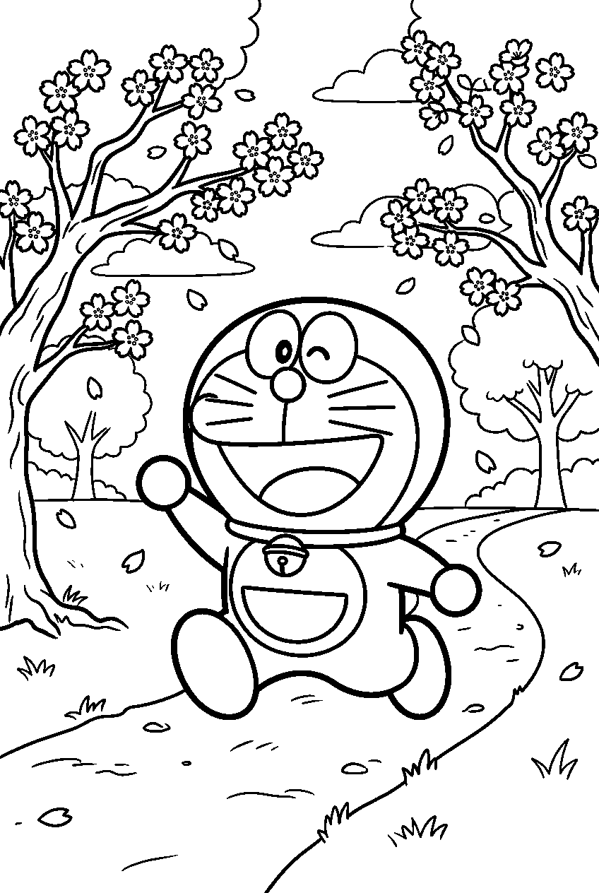 doraemon running in cherry blossom park line art