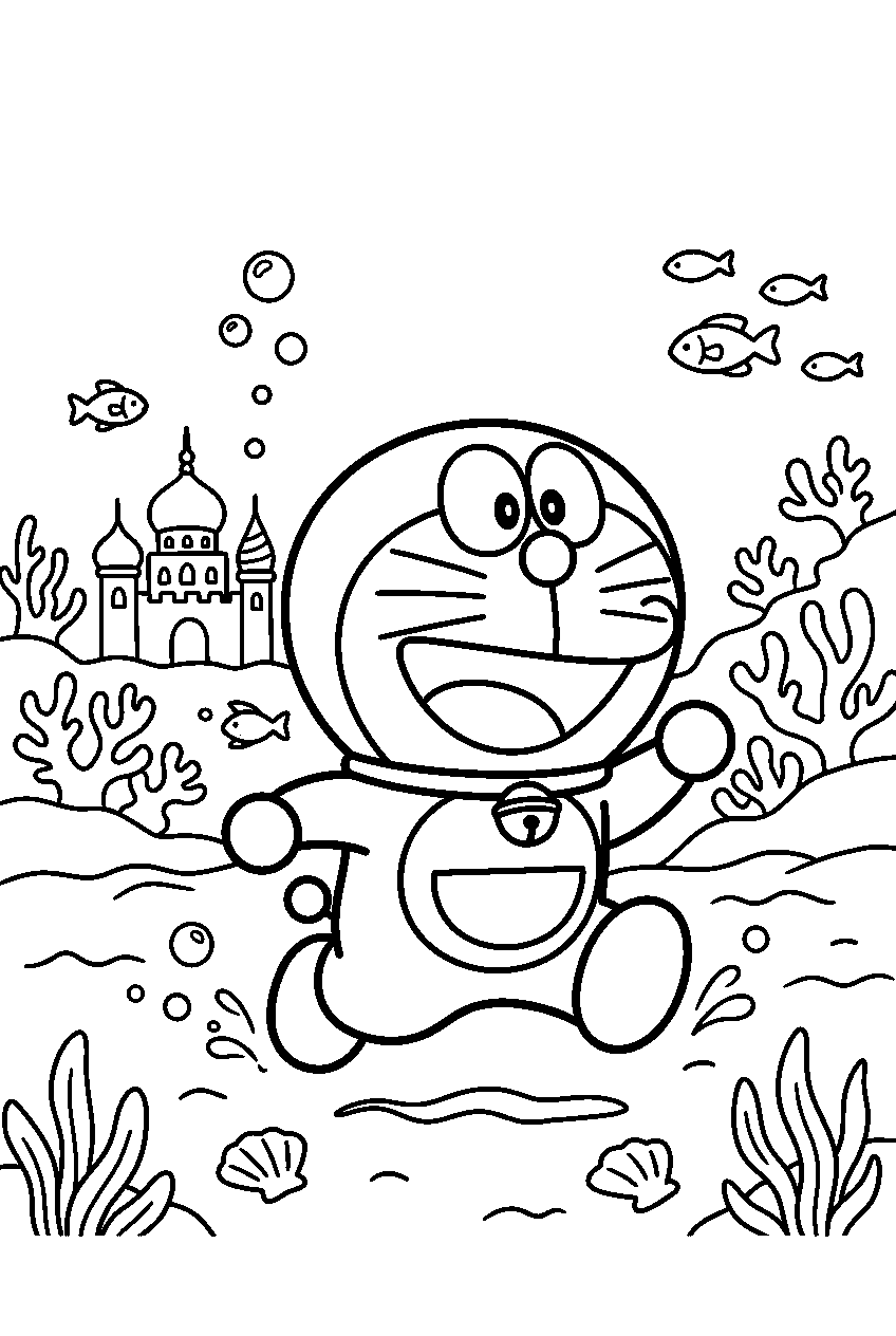doraemon running in ocean kingdom line art