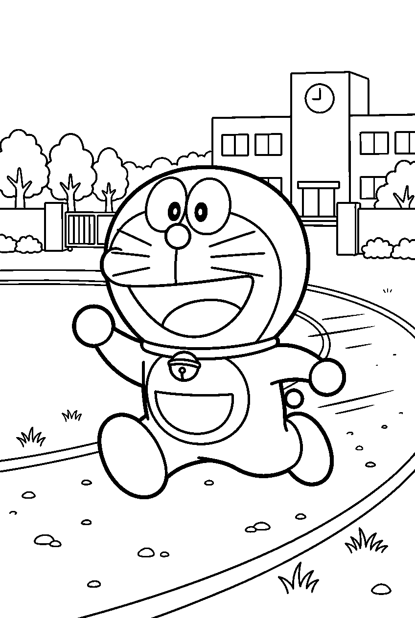 doraemon running in school playground line art
