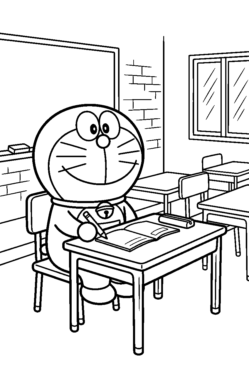 doraemon sitting in classroom line art