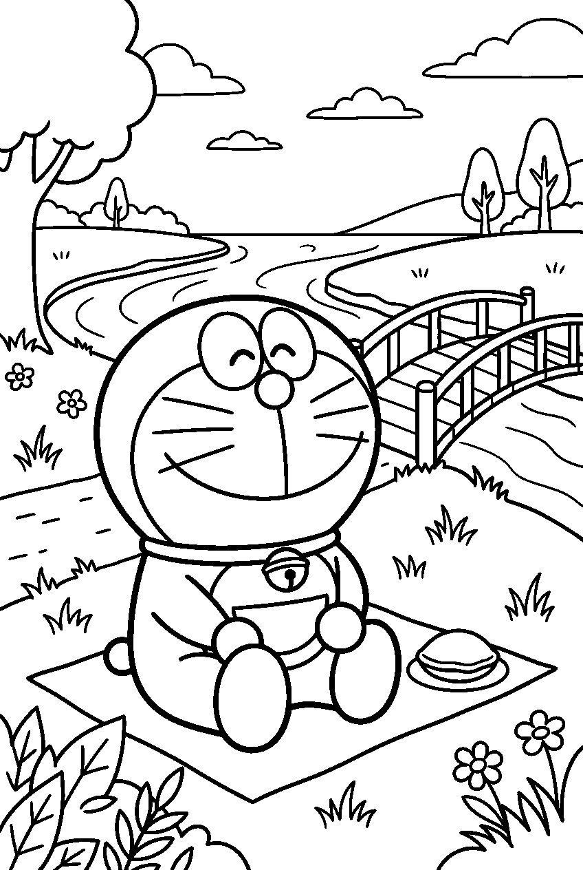 doraemon sitting in riverside park line art