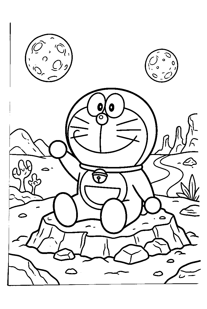 doraemon sitting on alien planet line art