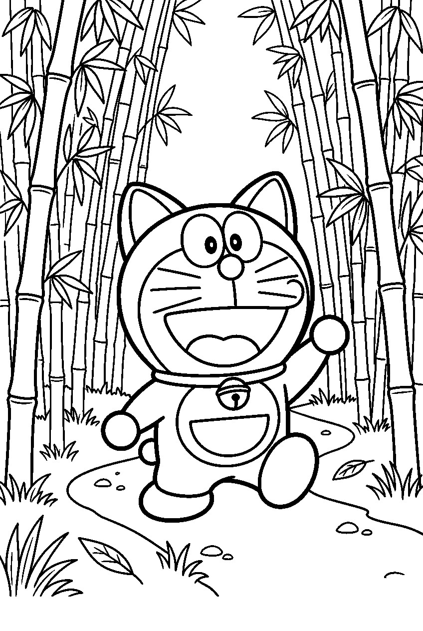 doraemon smiling in bamboo grove line art