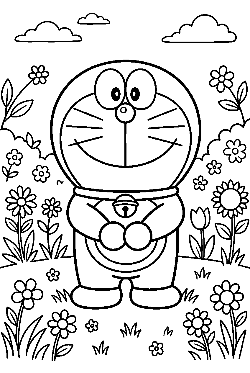 doraemon standing calmly in flower garden line art