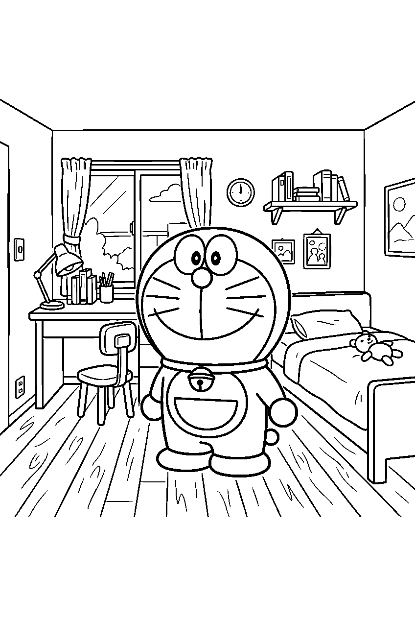doraemon standing in nobita s bedroom line art