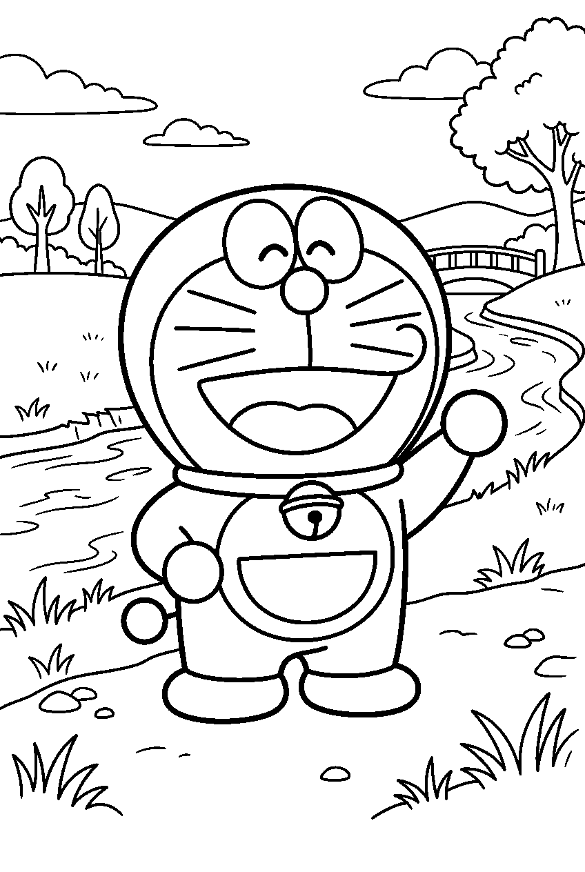 doraemon standing in riverside park line art