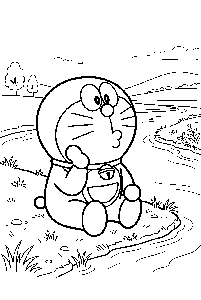 doraemon thinking near riverbank line art