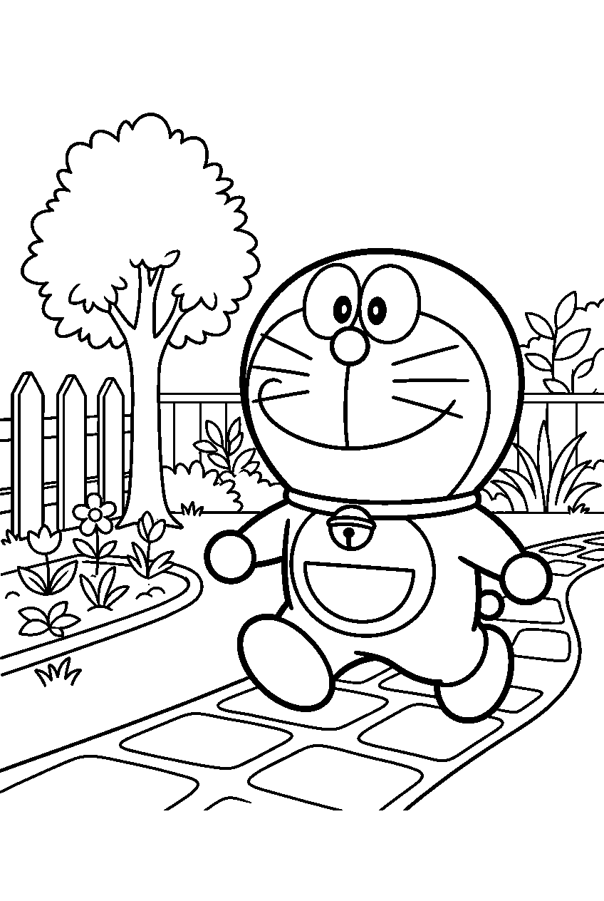 doraemon walking in peaceful backyard line art